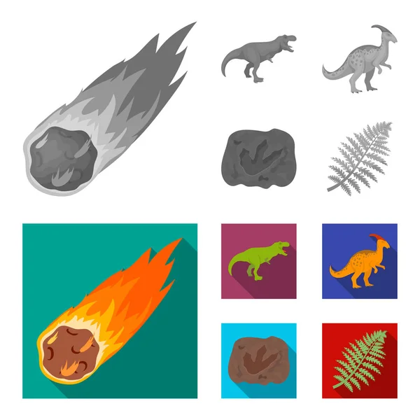 Padající meteorit, parasaurolophus, tyrannosaurus, otisk nohy dinosaurů. Dinosaurus a prehistorické období nastavení kolekce ikon v černobíle, plochý vektor symbol skladem ilustrace — Stockový vektor