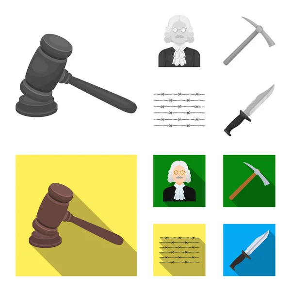 Dommer, træhammer, pigtråd, hakke. Fængselssæt samling ikoner i monokrom, flad stil vektor symbol lager illustration web . – Stock-vektor