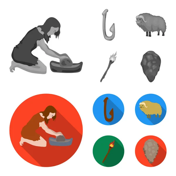 Ganado, captura, gancho, pesca. Iconos de colección conjunto de edad de piedra en monocromo, estilo plano vector símbolo stock ilustración web . — Archivo Imágenes Vectoriales