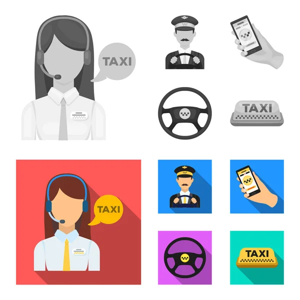 Un taxista con un micrófono, un taxista al volante, un teléfono celular con un número, un volante de coche. Taxi set colección iconos en monocromo, plano estilo vector símbolo stock ilustración web . — Vector de stock