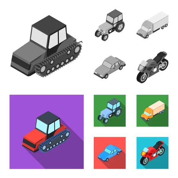 Trator, trator de lagartas, caminhão, carro. Conjunto de ícones de coleção de transporte em monocromático, estilo plano símbolo vetorial ilustração web . — Vetor de Stock