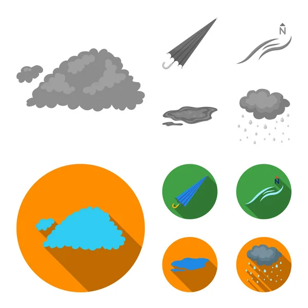 Облако, зонтик, северный ветер, лужа на земле. Иконки коллекции метеорологических наборов в монохромной, плоской векторной иллюстрационной паутине . — стоковый вектор