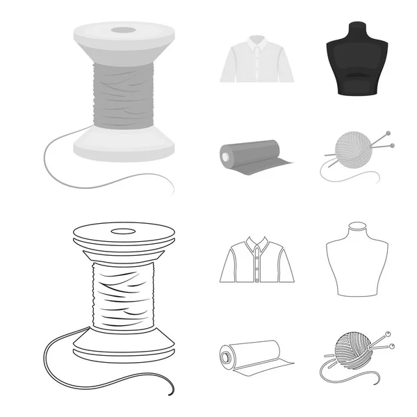 Ein Herrenhemd, eine Schaufensterpuppe, eine Rolle Stoff, ein Knäuel Fäden und Stricknadeln. Atelier setzte Kollektionsikonen in Umrisse, monochromen Stil Vektor Symbol Stock Illustration Web. — Stockvektor