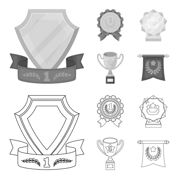 Una medalla olímpica para el primer lugar, una bola de cristal, una copa de oro en un soporte, un colgante rojo.Premios y trofeos conjunto de iconos de la colección en el contorno, el estilo monocromo vector símbolo stock ilustración web . — Vector de stock