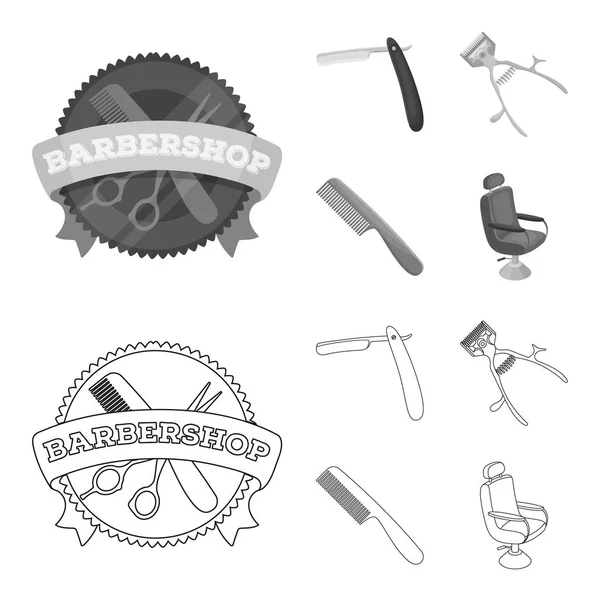 Una maquinilla de afeitar, un cortador de pelo mecánico, un sillón y otros equipos para un peluquero.Iconos de colección conjunto de barbería en el contorno, el estilo monocromo vector símbolo stock illustration web . — Archivo Imágenes Vectoriales