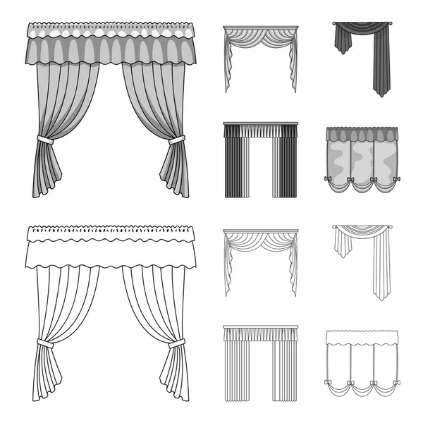 Diferentes tipos de cortinas de ventana.Cortinas conjunto de iconos de la colección en el contorno, el estilo monocromo vector símbolo stock ilustración web . — Archivo Imágenes Vectoriales