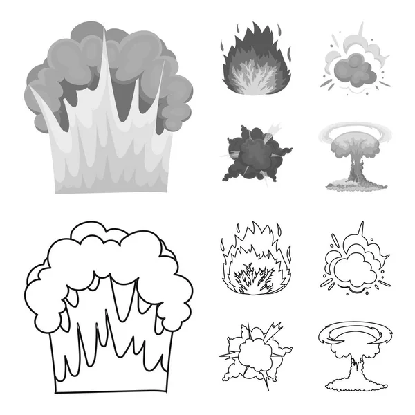 Plamenem, jiskry, vodík fragmenty, atomové nebo jeho exploze. Výbuchy sada kolekce ikon v osnově, monochromatické stylu vektor symbol akcií ilustrace web. — Stockový vektor