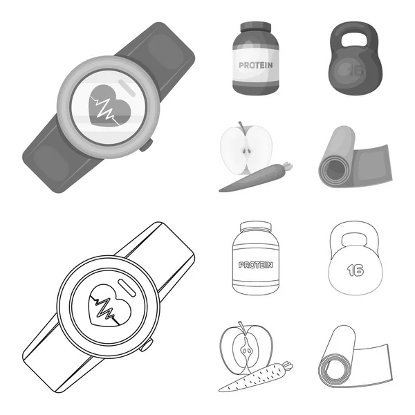 Protein, vitamins and other equipment for training.Gym and workout set collection icons in outline,monochrome style vector symbol stock illustration web. — Stock Vector