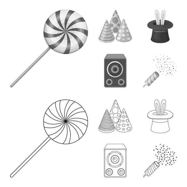 Tricks, music and other accessories at the party.Party and partits set collection icons in outline, monochrome style vector symbol stock illustration web . — стоковый вектор