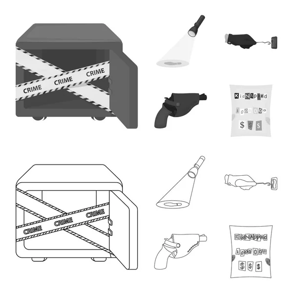 Die Detektiv-Taschenlampe beleuchtet den Fußabdruck, die kriminelle Hand mit dem Hauptschlüssel, eine Pistole im Holster, behauptet der Entführer. Krimi- und Detektiv-Set Sammlungssymbole in Umrissen, monochrom — Stockvektor