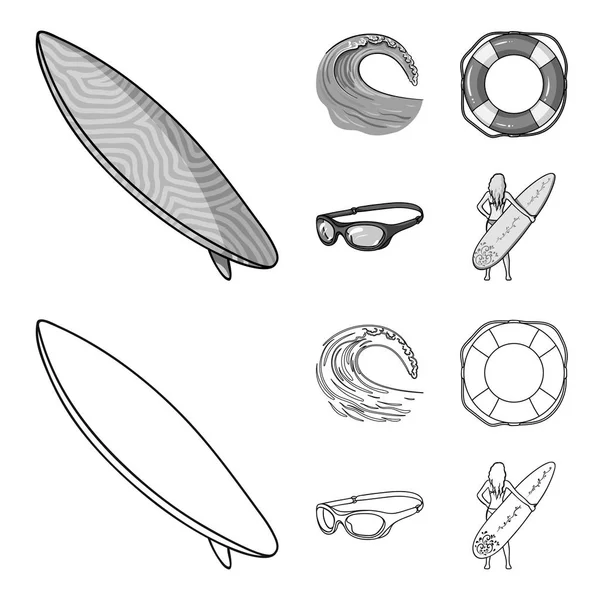 Onda inminente, anillo de vida, gafas, surf de chicas. Surf conjunto colección iconos en el contorno, el estilo monocromo vector símbolo stock ilustración web . — Vector de stock