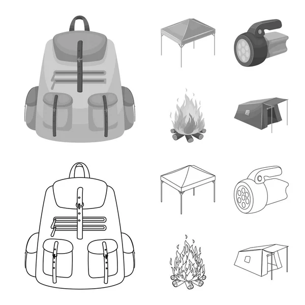 Luifel, brand en andere toeristische uitrusting. Tent instellen collectie iconen in overzicht, zwart-wit stijl vector symbool stock illustratie web. — Stockvector