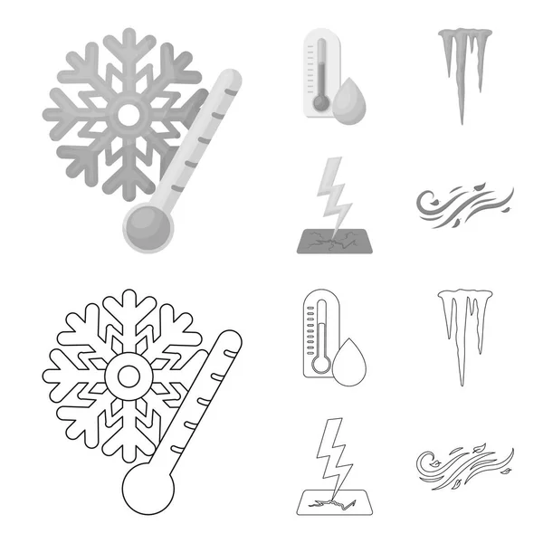 Humedad, carámbanos, rayos, viento. Clima conjunto de iconos de colección en el contorno, el estilo monocromo vector símbolo stock ilustración web . — Archivo Imágenes Vectoriales