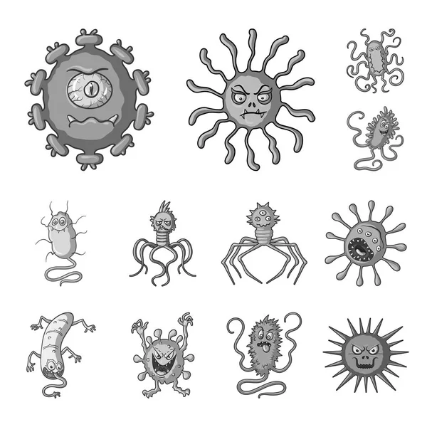 Jenis ikon monokrom mikroba lucu dalam koleksi set untuk desain. Mikroba patogen vektor simbol saham web ilustrasi . - Stok Vektor