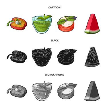 Tatlı Bulgar biber, vitamin içeceği, reçel ahududu ve nane yaprakları ile karpuz bir parçası. Vejetaryen yemekleri toplama simgeler çizgi film, siyah, tek renkli stil vektör simge stok ayarla.