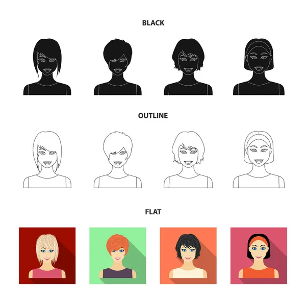 Types de coiffures féminines noir, plat, icônes contour dans la collection ensemble pour le design. Apparence d'une femme vecteur symbole stock web illustration . — Image vectorielle