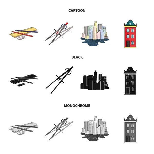 Drawing accessories, metropolis, house model. Architecture set collection icons in cartoon,black,monochrome style vector symbol stock illustration web. — Stock Vector