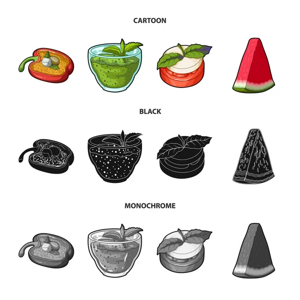 Pimienta búlgara dulce, bebida vitamínica, mermelada con hojas de frambuesa y menta, un trozo de sandía. Vegetarianos platos conjunto de iconos de la colección en dibujos animados, negro, monocromo estilo vector símbolo de stock — Archivo Imágenes Vectoriales