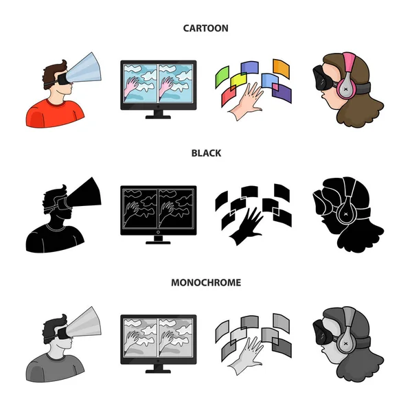 Mano, monitor, auriculares, mujer. Iconos de colección conjunto de realidad virtual en dibujos animados, negro, estilo monocromo símbolo vectorial stock illustration web . — Vector de stock