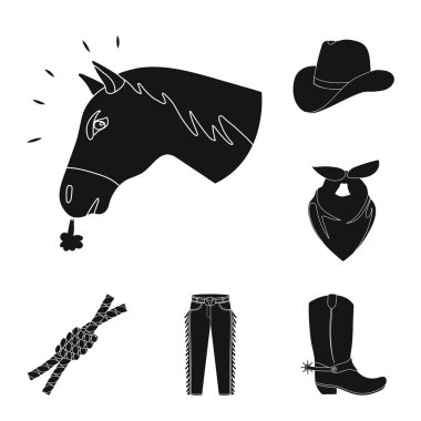 Rodeo, rekabet siyah set koleksiyonu tasarım için simgeler. Kovboy ve ekipman sembol stok web illüstrasyon vektör.