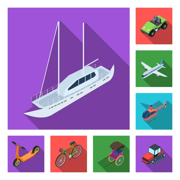 Diferentes tipos de iconos planos de transporte en la colección de conjuntos para el diseño. Coche y barco vector isométrico símbolo stock web ilustración . — Archivo Imágenes Vectoriales