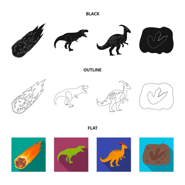 Um meteorito em queda, parasaurolophus, tiranossauro, uma marca de um pé de dinossauro. O dinossauro e período pré-histórico conjunto de ícones de coleção em preto, plano, esboço estilo vetor símbolo estoque ilustração — Vetor de Stock