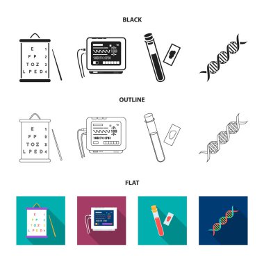 Görme testleri, kan testi, bir Dna kodu, bir EKG Cihazı tablosu. Tıp koleksiyonu Icons set siyah, düz, anahat stili vektör simge stok çizim web.