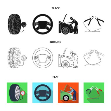 Motor ayarı, direksiyon simidi, kelepçe ve tekerlek siyah, düz, set koleksiyonu tasarım için anahat simgeleri. Araba bakım istasyonu vektör simge stok çizim web.