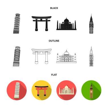 Yerler farklı ülkeden siyah, düz, set koleksiyonu tasarım için simgeleri anahat. Ünlü bina sembol stok web illüstrasyon vektör.