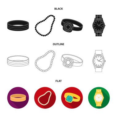 Nişan yüzüğü, inci, Erkek Yüzükler, kol saati altın boncuk. Takı ve aksesuar koleksiyonu Icons set siyah, düz, anahat stili vektör simge stok çizim web.
