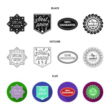 Özel teklif, en iyi ŞA, garanti, bio ürün. Etiket, koleksiyon Icons set siyah, düz, anahat stili vektör simge stok çizim web.