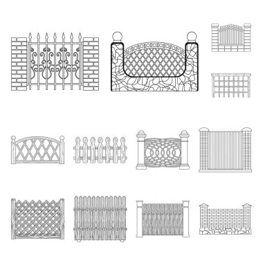 Set koleksiyonu tasarım için farklı çit anahat simgeleri. Dekoratif eskrim sembol stok web illüstrasyon vektör.