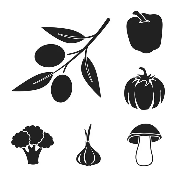 Verschiedene Arten von Gemüse schwarze Symbole in Set-Kollektion für Design. Gemüse und Vitamine Vektor Symbol Stock Web Illustration. — Stockvektor