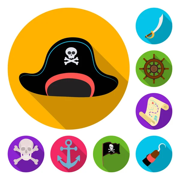 Pirata, ladrón de mar iconos planos en la colección de conjuntos para el diseño. Tesoros, atributos vector símbolo stock web ilustración . — Vector de stock