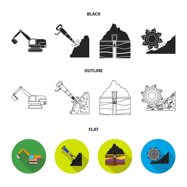Екскаватор, тунель, ліфт, вугільний комбайн та інше обладнання. Піктограми колекції монет чорним, плоским, контурним стилем Векторний символ стокової ілюстрації веб . — стоковий вектор