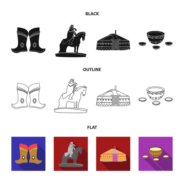 Botas militares, un monumento al jinete, una tienda nacional, una bebida de leche. Mongolia set collection icons in black, flat, outline style vector symbol stock illustration web . — Vector de stock