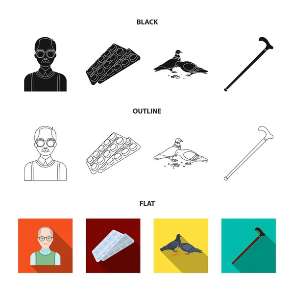 Hombres mayores, tabletas, palomas, bastón caminante.Iconos de colección conjunto de edad avanzada en negro, plano, contorno estilo vector símbolo stock illustration web . — Archivo Imágenes Vectoriales