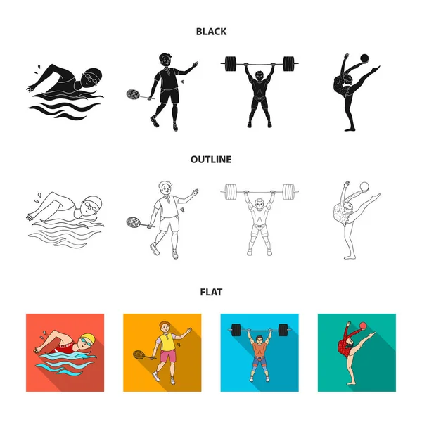 Nuoto, badminton, sollevamento pesi, ginnastica artistica. Serie sportiva olimpica icone in nero, piatto, contorno stile vettore simbolo stock illustrazione web . — Vettoriale Stock