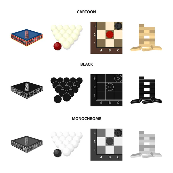 Brädspel tecknad, svarta, svartvita ikoner i set insamling för design. Spel och underhållning vektor symbol lager web illustration. — Stock vektor