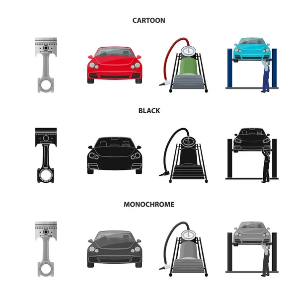 Carro no elevador, pistão e bomba de desenhos animados, preto, ícones monocromáticos na coleção de conjuntos para design.Car estação de manutenção vector símbolo ilustração web . — Vetor de Stock