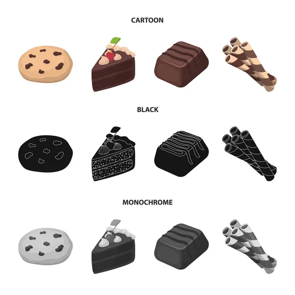 Galletas americanas, un trozo de pastel, dulces, tubulo de oblea. Los postres de chocolate establecen iconos de colección en dibujos animados, negro, estilo monocromo vector símbolo stock ilustración web . — Archivo Imágenes Vectoriales