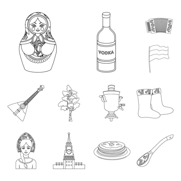Land Rusland, reizen overzicht pictogrammen in set collectie voor design. Attracties en functies vector symbool voorraad web illustratie. — Stockvector