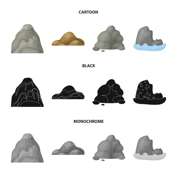 Stenblock, ett rundade berg, klippor i havet. Olika bergen som samling ikoner i tecknad, svart, svartvit stil vektor symbol stock illustration web. — Stock vektor