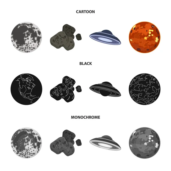 月亮, 太阳系行星的金星。零, 一颗陨石。行星集合图标在卡通, 黑色, 单色风格矢量符号股票插画网站. — 图库矢量图片