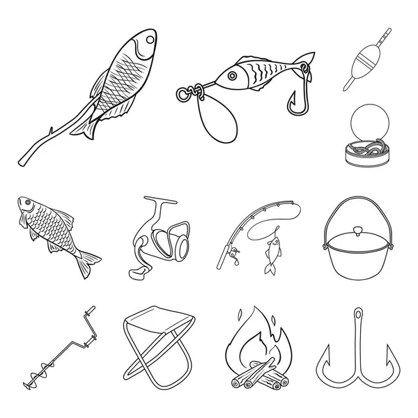 Pesca y descanso esbozan iconos en la colección de conjuntos para el diseño. Tackle para la ilustración de la tela del símbolo del vector de pesca . — Vector de stock