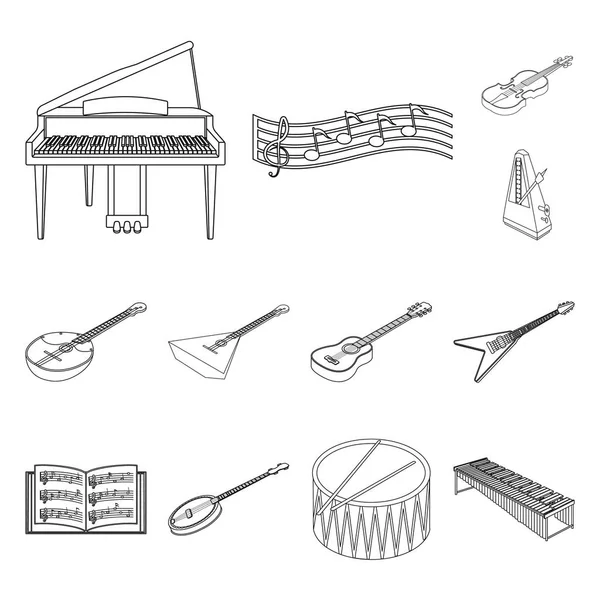 Instrument muzyczny konturu ikony w kolekcja zestaw do projektowania. Ciąg i magazynie symbol wiatr instrument izometryczny vector web ilustracja. — Wektor stockowy