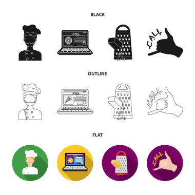 Yemek, telefonla, rendelenmiş peynir, bir yüz jest sipariş sipariş. Pizza ve pizza koleksiyonu Icons set siyah, düz, anahat stili vektör simge stok çizim web.