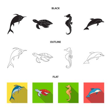Merlin, kaplumbağa ve diğer türler. Deniz hayvanları toplama Icons set siyah, düz, anahat stili vektör simge stok çizim web.