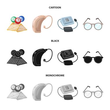 Piyango, işitme yardım, tonometer, gözlük. Yaşlılık toplama simgeler çizgi film, siyah, tek renkli stil vektör simge stok çizim web içinde ayarla..