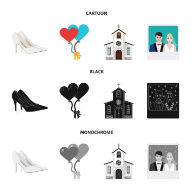Düğün ve öznitelikleri çizgi film, düz, anahat, siyah simgeler set koleksiyonu tasarım için. Sembol stok web illüstrasyon vektör yeni evliler ve aksesuarları.